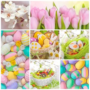 Deko und Eier in pastelligen Osterfarben