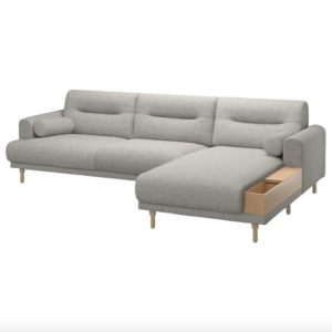 LÅNGARYD 3er-Sofa mit Récamiere, rechts, Lejde hellgrau/Holz