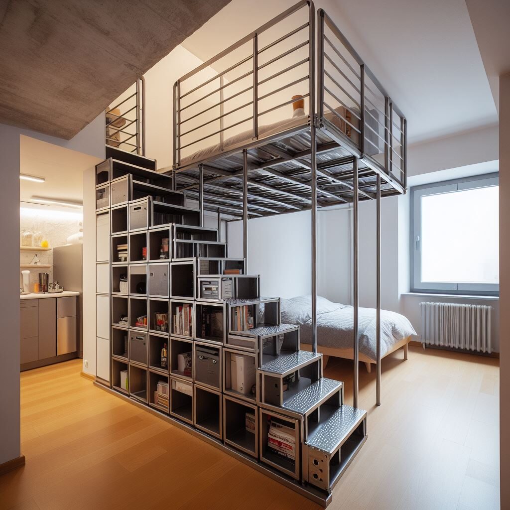 Stahl-Regal-Treppe in einem Mini-Apartment